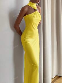 Vestido largo de fiesta ceñido de cuello alto sin mangas para primavera y verano