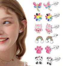 من 2 إلى 12 زوج من أقراط النساء من الفولاذ المقاوم للصدأ باللولب الخلفي ذات تصميم القلب والفراشة والكرة متعددة الألوان للقطط والنمط