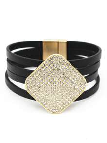 朋克风格宽边 PU 皮革超大水晶方形袖口手链女士 - 黑色 - 查看 9