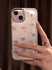 Cute Sequins Epoxy Colorful Butterfly Flower Clear Phone Case Compatible With IPhone 16 15 14 13 12 11 Pro Max Floral Stylish Shockproof Bumper Back Cover