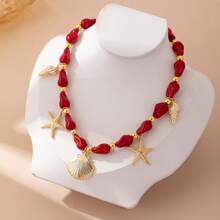 1 pieza Collar para mujer con cuentas de perla y conchas y estrellas de mar en estilo francés con elementos marinos