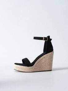 Tropiscape 女士坡跟草编凉鞋，防水厚底，踝带设计；女士黑色坡跟厚底凉鞋，适合海滩、秋季、圣诞节、冬季等场合，是圣诞礼物的理想之选。 - 黑色 - 查看 10