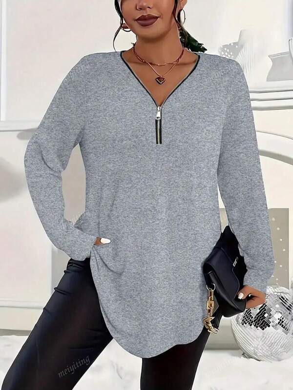 New Design Elegant Solid V-Neck Zip Up Plus Size Long Sleeve Top