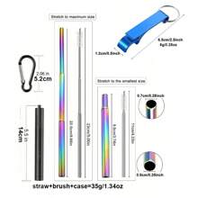 3 قطع من مجموعة قش معدني قابل لإعادة الاستخدام مع أنابيب قابلة للتمديد وفرشاة تنظيف قابلة للتمديد وعلبة تخزين بخطاف، مناسبة للتخييم والرحلات الخارجية