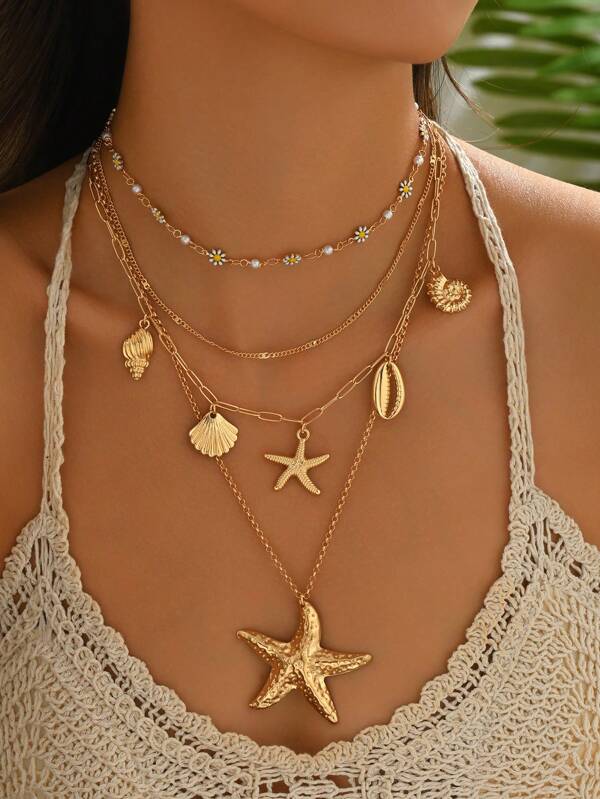 4 pièces/set Bohème d'été marguerite fait main chaîne alliage étoile de mer coquillage pendentif, collier multicouche pour femmes, convient pour tenue quotidienne et photo de vacances à la plage. Longueur de chaîne personnalisable