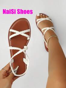 Sandalias planas para mujer, estilo romano de verano con puntera abierta, correa trenzada sin respaldo, calzado cómodo de verano para uso diario, diseño de puntera abierta a la moda, transpirable, sandalias casuales versátiles, adecuadas para cualquier atuendo en colores negro, blanco y marrón