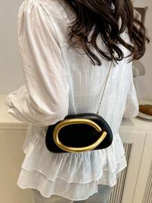 Vintage Metal Decor Clutch Box Burgundy New Bride Wedding Bridal Party Evening Bag, Women's Chain Shoulder Crossbody Bag - 黑色 - 查看 8