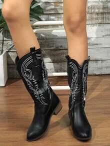 Fall/Winter 2025 New Women's Embroidered Leather Black Western Boots, Pointed Toe Chunky Heel Over-The-Knee Boots, Outdoor Casual Fashion Boots,Cowboy Boots - Black - View 3