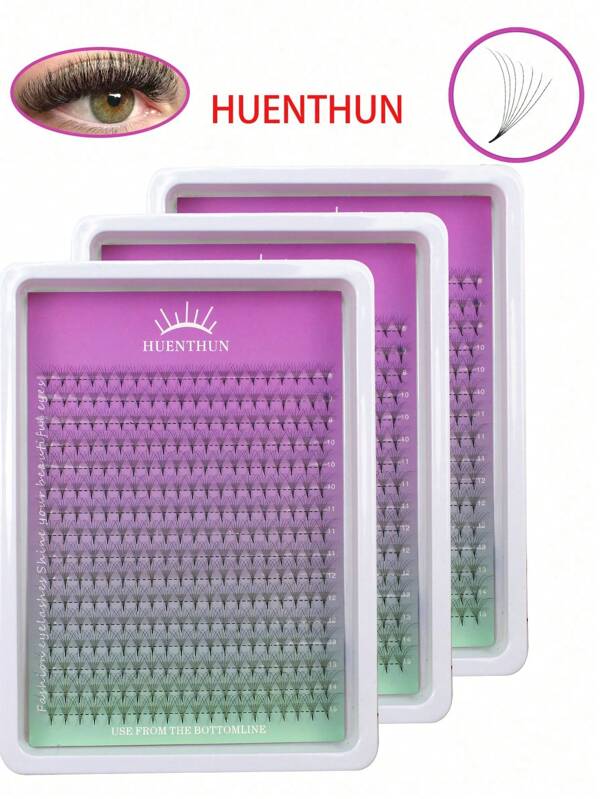 Extensões de Cílios Individuais Pré-Montadas Huenthun, Formato Leque, D Curl, 4D 5D 6D 7D 8D 10D 12D 14D 16D 20D, Haste Pontuda, Falso Mink