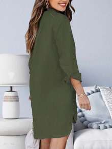 Women's Solid Color Single-Breasted Casual Loose High-Low Hem Pocket Commuter Versatile Shirt Dress Spring - Army Green - View 2