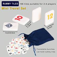 1 Set Rummy Game With 4 Plastic Racks/Trays, 106 Colored Numbers Rummy Tiles Set With Color Box, Rummy Travel Game Set With 4 Tiles Holders And Cloth Storage Bag - Classic Board Games For Family And Game For Adults