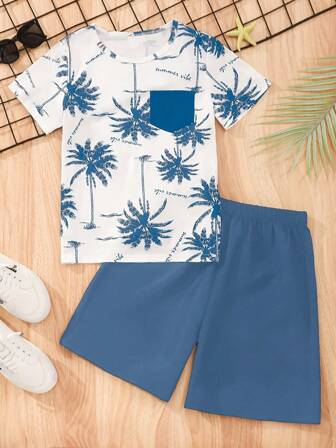 2件套男童休闲时尚短袖上衣和短裤套装，夏季