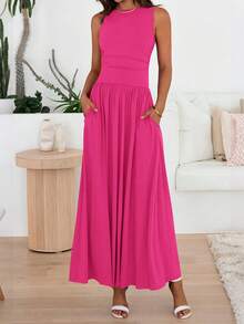 Women Sleeveless Maxi Dresses Crew Neck High Waisted Patchwork Ruched Tank Summer Dress With Pockets Beach Holiday Vacation Valentine - Màu Hồng Tươi - Xem 3