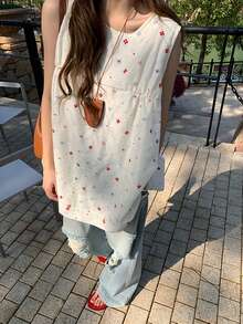 Women's Square Neck Casual Loose Floral Embroidered Tank Top Summer - Apricot - View 4