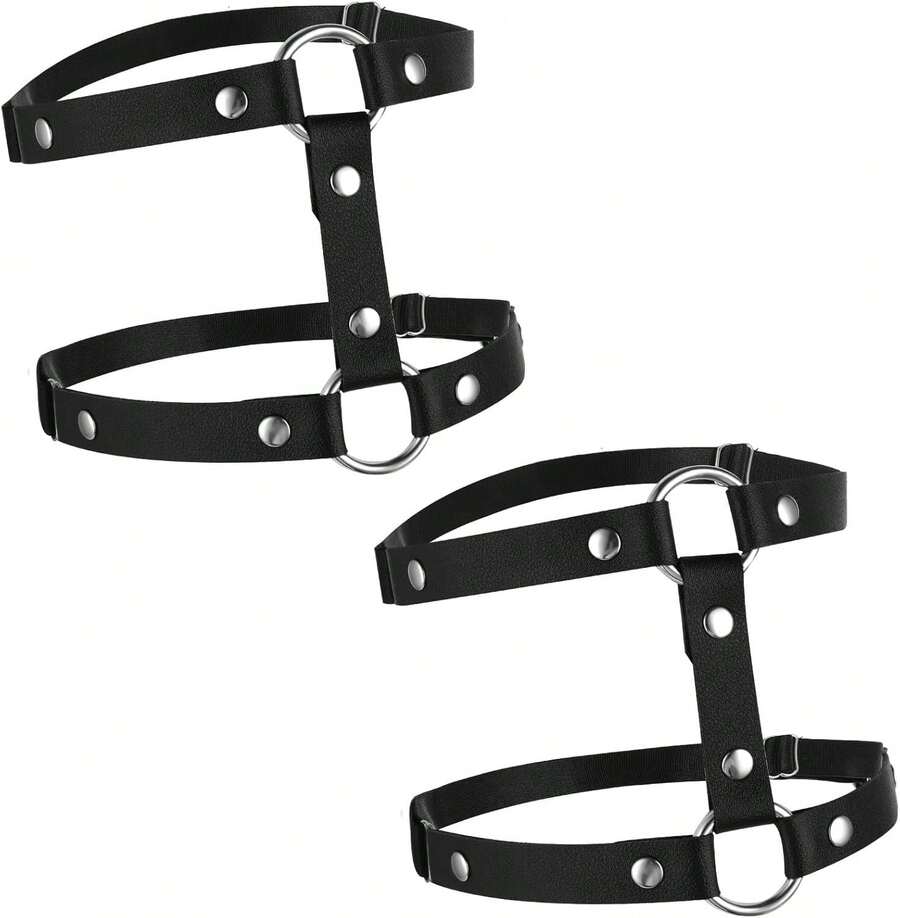 Leather Leg Harness, Adjustable Elastic 2 Rows Leather Leg Belt Ring Body Harness, Black Punk Garters Belts Thigh Holster Strap Club Halloween Body Chain Accessories Jewelry For Women - 1 - 查看 1