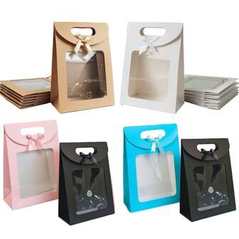 8pcs White Kraft Paper Bags With Clear Window, Upright Gift Bags Bulk With Handle, Paper Gift Bags, White Shopping Bags, Bowknot Gift Wrapping Bags, Suitable For Wedding, Bridal Shower, Birthday, Holiday, Christmas Party, Retail Shop, Brown