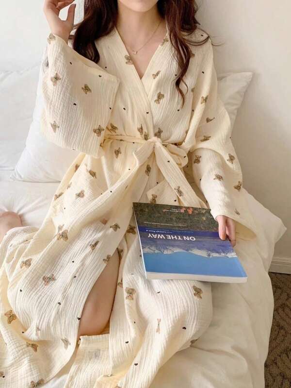 Spring And Autumn Cartoon Cute Ins Bear Printed Bathrobe Sleeping Robe Sleeping Skirt Women's Spring And Autumn Long Sleeved Home Clothes Back To School