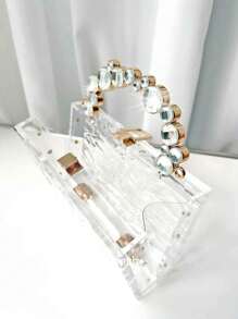 1pc Transparent Box Style Crystal & Metal Chain Strap Evening Clutch Bag, Elegant & Luxury Design For Party, High-End Women's Handbag
