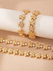 1 Set Of 2 Pieces Elegant Luxury CCB Flower & Pearl Bracelet And Necklace Set, Simple Fashion Daily Wear