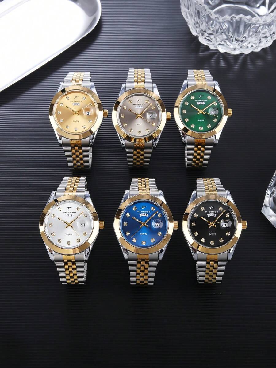 RICECGO RICECGO 1 pieza Reloj de cuarzo clásico para hombre - Estilo de negocio, esfera circular, pantalla de calendario dual, correa de acero inoxidable, movimiento de cuarzo, adecuado para uso diario, regalo ideal para cumpleaños u ocasiones especiales, regalo del Día del Padre