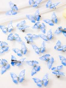 24/18/12/6 件浅蓝色渐变双层水晶欧根纱蝴蝶发夹，带水钻，可爱公主发饰爪夹发夹发夹，学校用品 - 藍色 - 查看 2