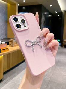 1 pieza Funda de teléfono de piel sintética PU con lazo 3D, compatible con iPhone 17/17 Air/17 Pro/17 Pro Max/16/16 Pro/16 Plus/16 Pro Max 16 15 14 13 12 Pro Max Plus 11, textura de piel de litchi gris minimalista suave para chicas - Rosa - Ver 5