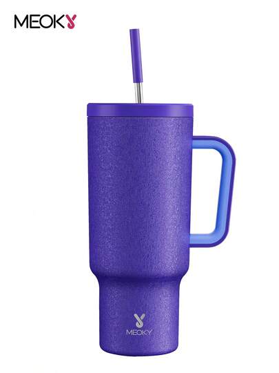 40oz Handled Straw Insulated Tumbler, Vacuum Insulated Water Bottle With Straw Lid, Stainless Steel Insulated Travel Mug, 100% Leak-Proof, Keeps Cold For 34 Hours Or Hot For 10 Hours (Matte Ice Cracked)