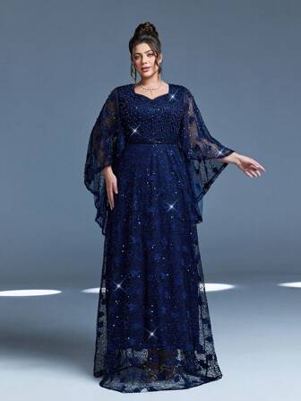 Anpoket,New Arrival,V-Neck,Noble,Plus Size Evening Gown Dress,Heavy Stitching,Embroidery ,Belt,Flounce Sleeve,Long Dress