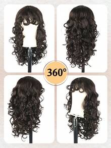 Long Brown Curly Wigs With Bangs Synthetic Wigs For Women, 24inch Chocolate Brown Curly Wavy Wig With Wispy Bangs Shaggy Curly Hair With Fringe Daily Party Use Cosplay Wigs(4#) - 棕色 - 查看 7