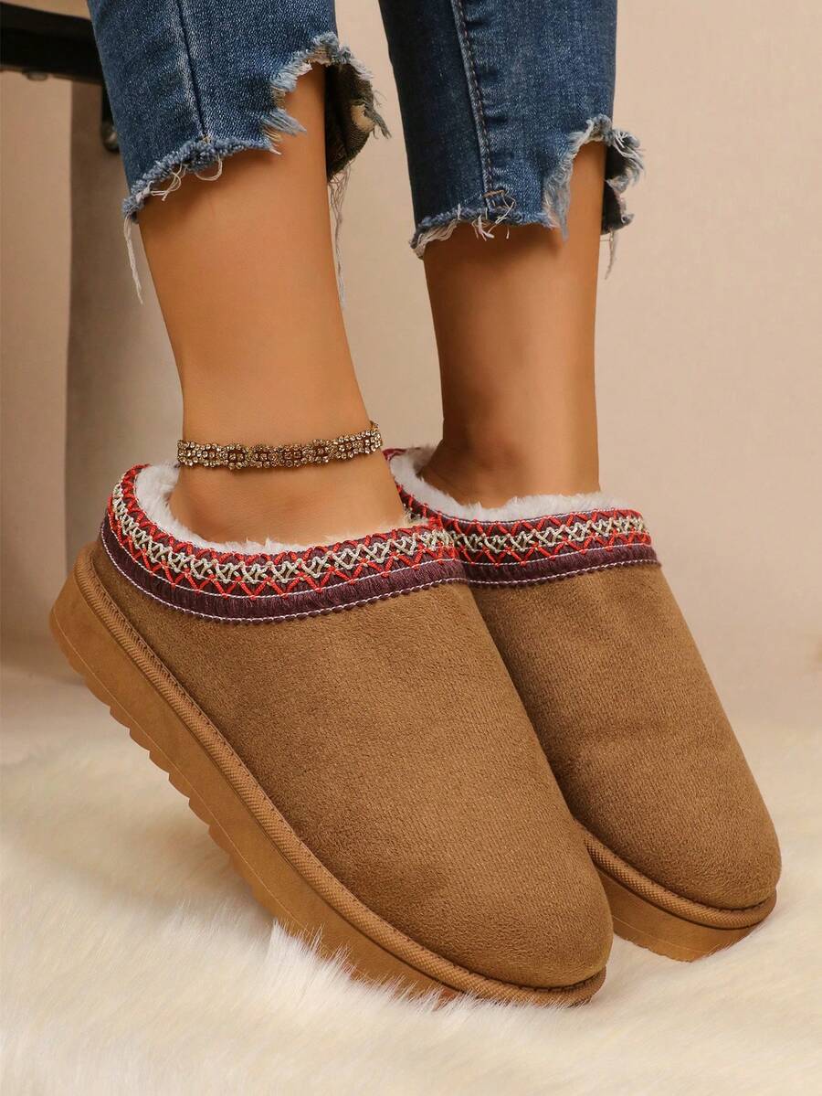 冬季新款圆头毛绒内衬加厚软底平底低跟踝靴赤脚靴保暖防滑室内休闲舒适女式雪地靴 - 棕色 - 查看 1