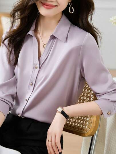 Camisa de mujer de manga larga de un solo pecho de unicolor y estilo sencillo para negocios