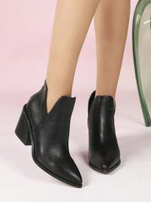 2024 New French Style Short Boots Women, British Boots, Autumn/Winter Ankle Boots, Pointed Toe Chunky Heel With Back Zipper - Black - View 4