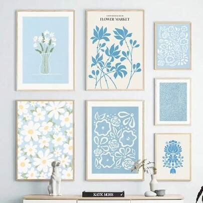 1 pièce Peinture décorative minimaliste sur canevas du marché aux fleurs bleues, art nordique, décoration de salle de séjour, murales abstraites avec cadre en option