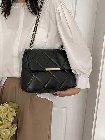 女士时尚休闲纯色 PU 皮革刺绣单肩包，大容量