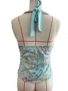Women Sequin Beaded Halter Tops Y2k Sparkly Sleeveless Hanging Neck Slim Fit Crop Tank Top Summer Backless Low Cut Glitter Cami Vests Shirts Cute Going Out Tops Vintage Aesthetic Clothes Beach Vacation Party Streetwear - 藍色 - 查看 4