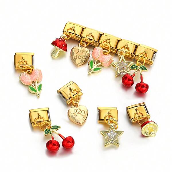 Conjunto de colgantes elegantes y de moda en acero inoxidable dorado, con diseños de flor, champiñón de cereza y en forma de corazón. Accesorios de lujo aptos para usar a diario y como regalo, ideales para hacer joyería DIY.