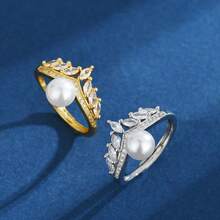 1 件复古法式奢华皇冠和珍珠装饰可调节开口戒指，百搭女士配饰 - 皇冠貝珠戒指 - 查看 5