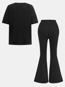 Ensemble de vêtements pour fille ado 2 pièces/set - T-shirt à manches courtes avec imprimé nœud papillon et pantalon évasé, pour le printemps/été