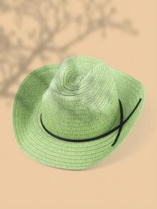 1 件纯色波西米亚休闲草编宝石牛仔沙滩帽，防晒，适合所有季节，男女通用，通勤百搭