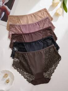 5件装女士蕾丝拼布镂空中腰内裤