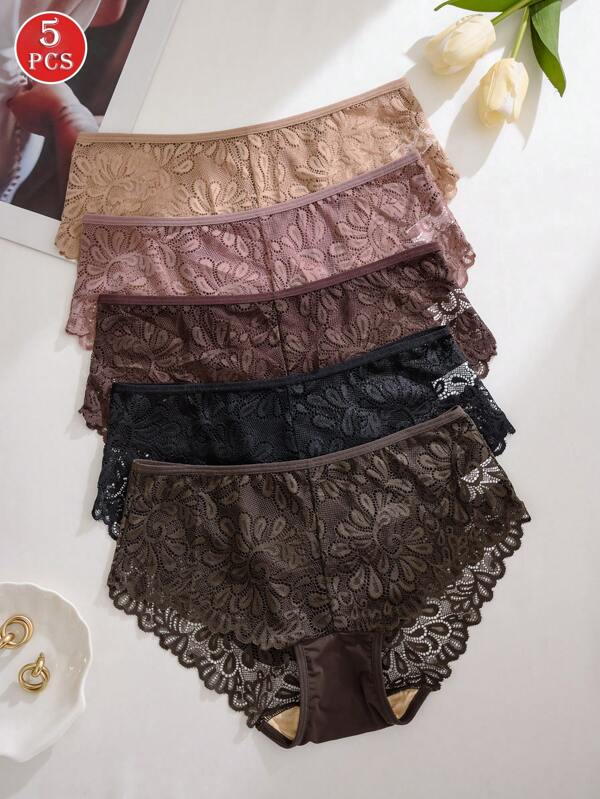 5pcs/Pack Women's Lace Patchwork Hollow-Out Middle Waist Briefs