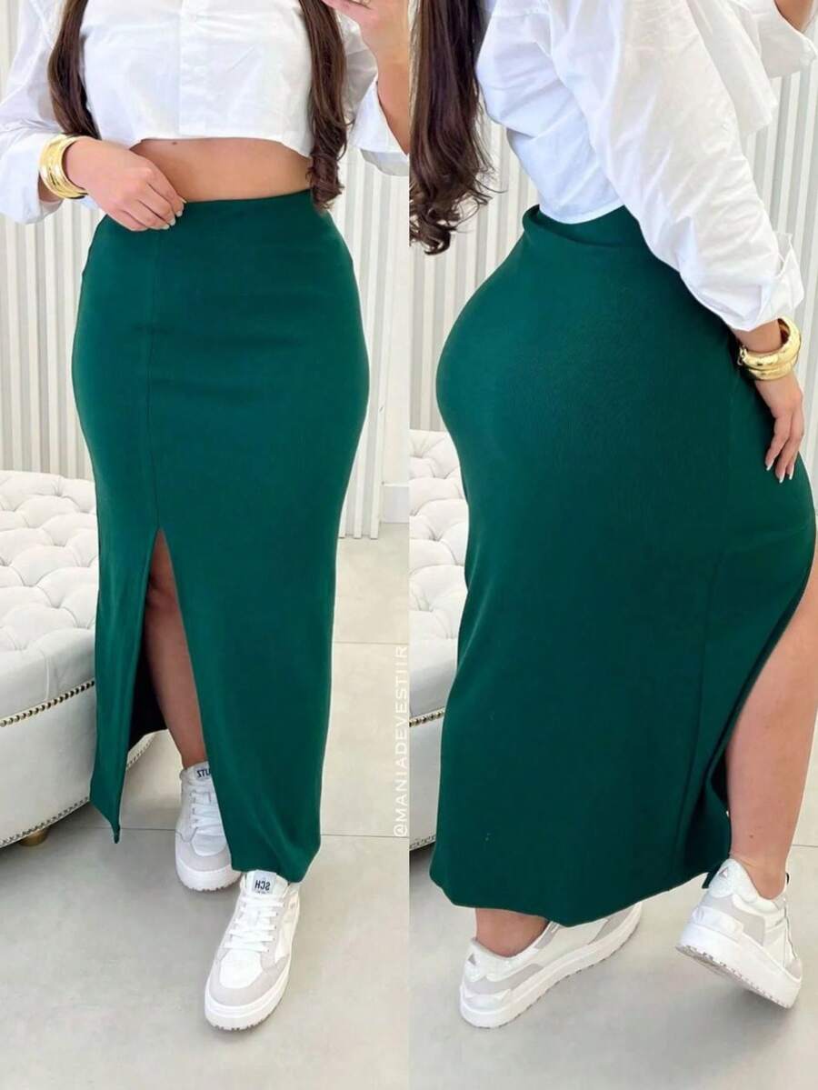 Long Skirt With Ribbed Slit - Army Green - View 1