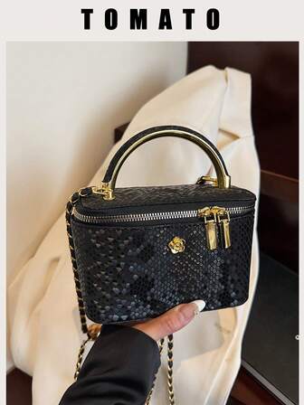 1 st svart, avslappnad och mångsidig handväska, trendigt broderat rutigt tyg, lämplig för att bära telefon, läppstift och mynt på jobbet