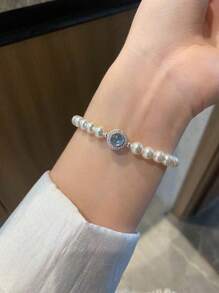 1pc Fashionable Sea Blue Pearl Bracelet For Women, High-End Niche Design, Versatile, Delicate Beaded Luxurious Accessory