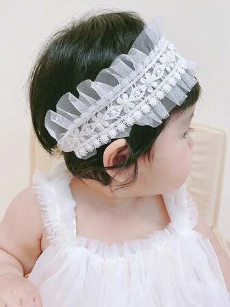 1pc Infant/Toddler High Stretch Pearl Lace Pleated Headband, Suitable For Everyday Wear Or 1st Birthday Party