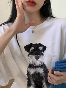 Dog Print Short Sleeve T-Shirt For Women, Casual Oversized Korean Style Tops For Summer
