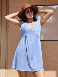 Summer Outfits For Women Summer Mini Tank Dress Sleeveless Deep V Neck  Floral Eyelet Beach Dress - Blue - View 10