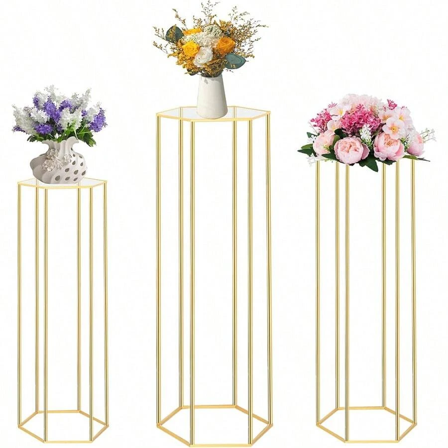 Gold-Plated Contemporary Metal Pedestal Vase Stands, Hexagonal Frame Design For Home Decor, Party Display, And Cake Stand