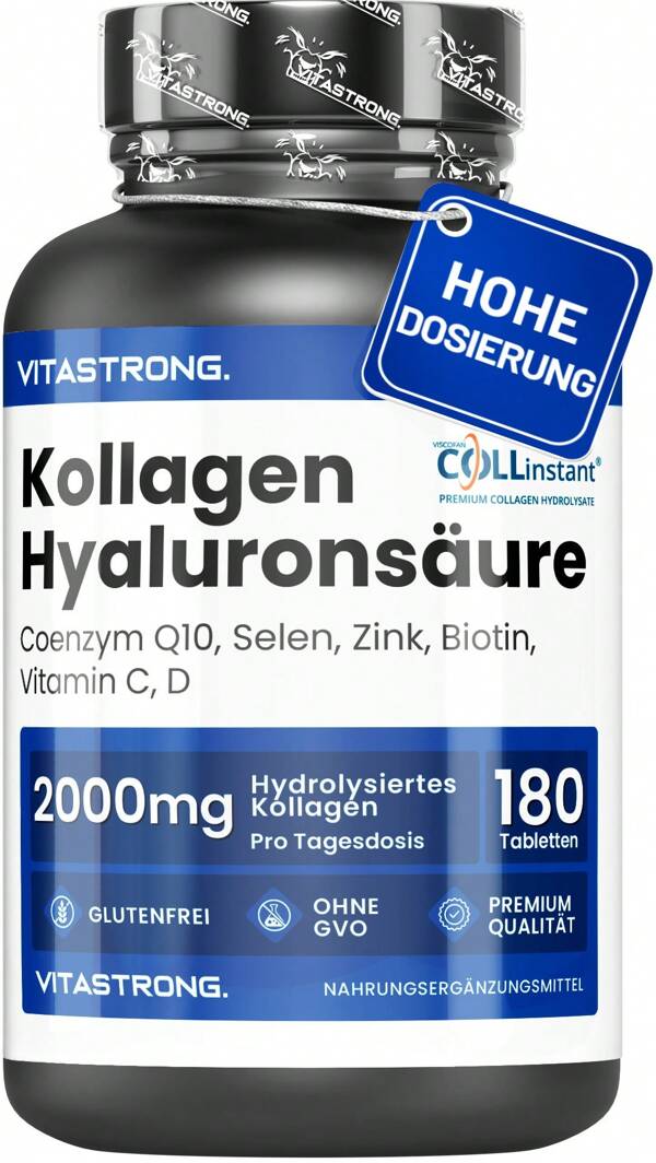 Vitastrong Kollagen und Hyaluronsäure 180 Tabletten, hydrolysiertes Kollagen 2000 mg COLLinstant-Qualität mit Biotin, CoQ10, Zink, Selen, Vitamin C und D, Kollagen-Ergänzung für Haut, Knochen, Gelenke