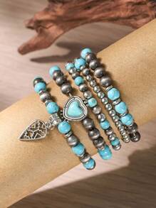 5 pièces Bracelets élastiques de style bohème classique empilables avec perles en forme de cœur en imitation turquoise, tressés à la main, convenant à tous, pour le quotidien et les vacances